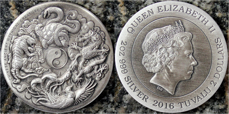 Zadní strana Strieborná minca 2 Oz Čínske staroveké mýtické bytosti High Relief 2016 Antique Štandard