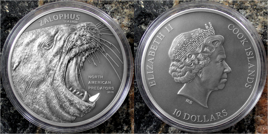 Zadní strana Stříbrná mince 2 Oz Lachtan North American Predators 2016 Antique Standard