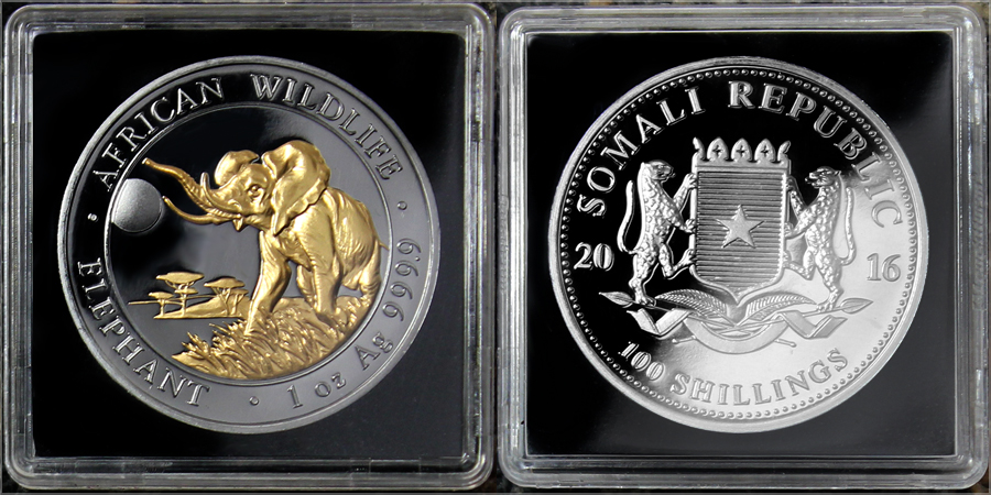 Zadní strana Stříbrná Ruthenium mince pozlacený Slon africký 1 Oz Golden Enigma 2016 Proof