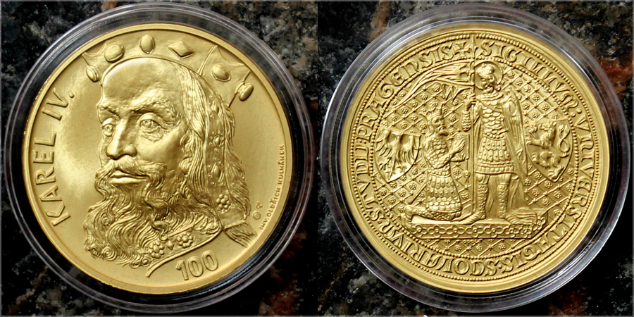 Zlatá medaile ve váze 40dukátu s motivem 100 Kč bankovky - Karel IV. 2015 Standard