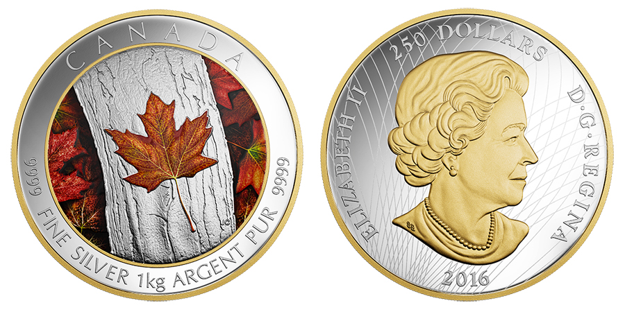 Stříbrná kolorovaná mince 1 Kg Maple Leaf Forever 2016 Proof (.9999)