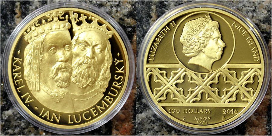 Zlatá dvouuncová minca 100 NZD Karel IV. a Ján Lucemburský 2016 Proof
