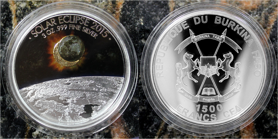 Stříbrná mince 3 Oz Zatmění Slunce 2015 Proof