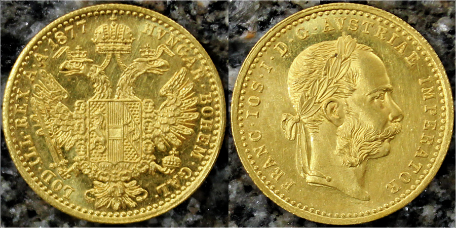 Zlatá mince Dukát Františka Josefa I. 1877