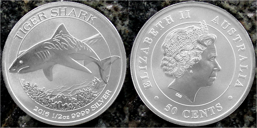 Zadní strana Strieborná investičná minca Žralok tygrovaný 1/2 Oz 2016