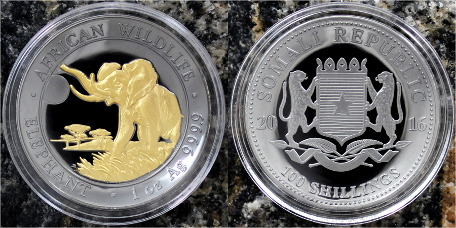 Stříbrná Ruthenium mince pozlacený Slon africký 1 Oz Golden Enigma High Relief 2016 Proof