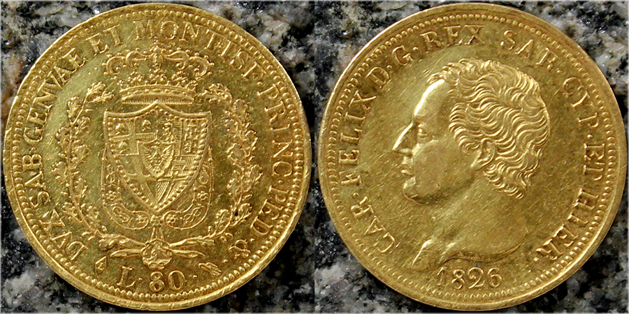 Zlatá mince 80 Lira Karel Felix Sardinský 1826