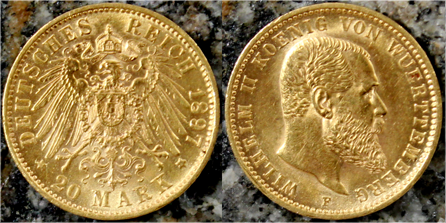 Zlatá mince 20 Marka Vilém II. Württemberský 1897