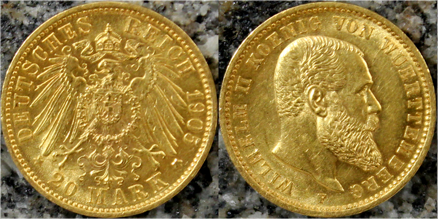 Zlatá mince 20 Marka Vilém II. Württemberský 1905