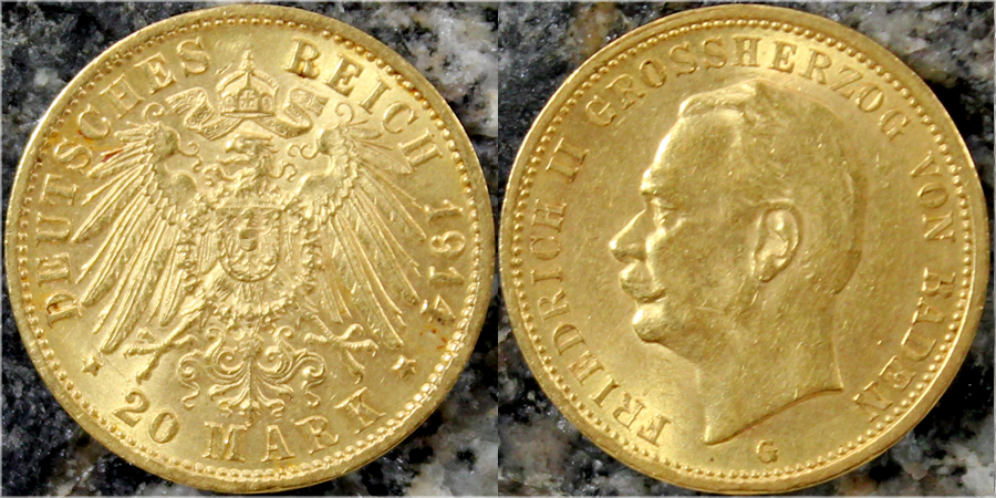 Zlatá mince 20 Marka Fridrich II. Bádenský 1914