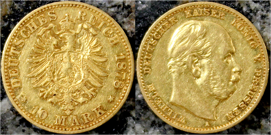 Zlatá minca 10 Marka Vilém I. Pruský 1878