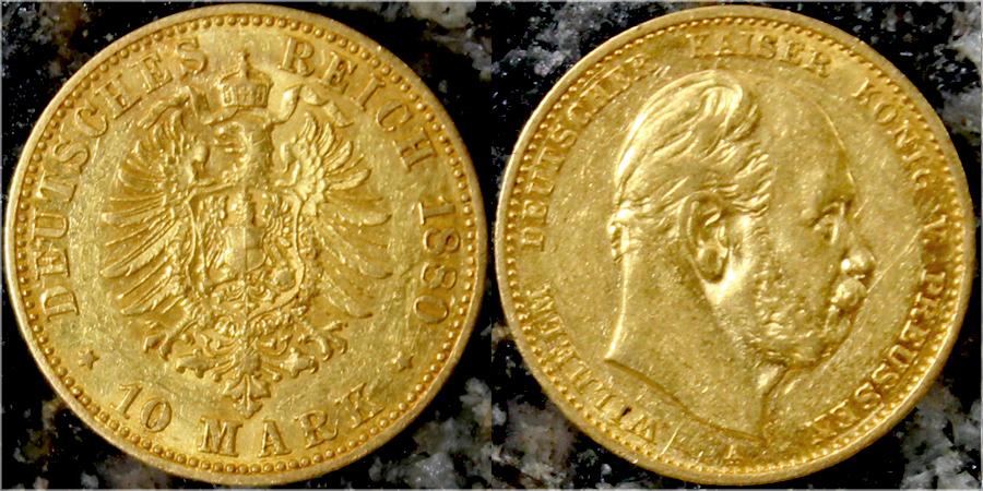 Zlatá mince 10 Marka Vilém I. Pruský 1880