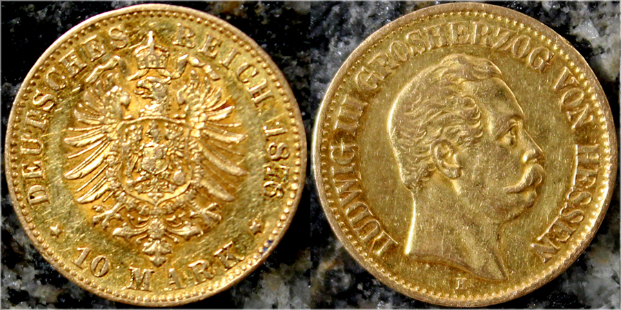 Zlatá mince 10 Marka Ludvík III. Hesenský 1876
