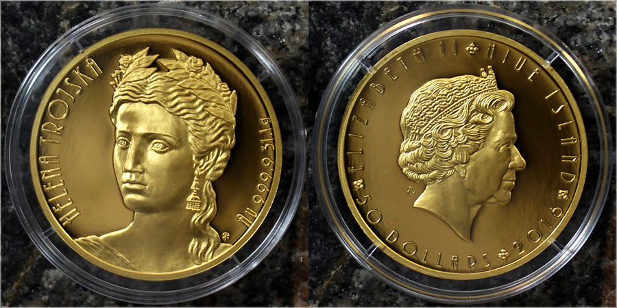 Zlatá uncová mince 50 NZD Osudová žena Helena Trojská 2016 Proof