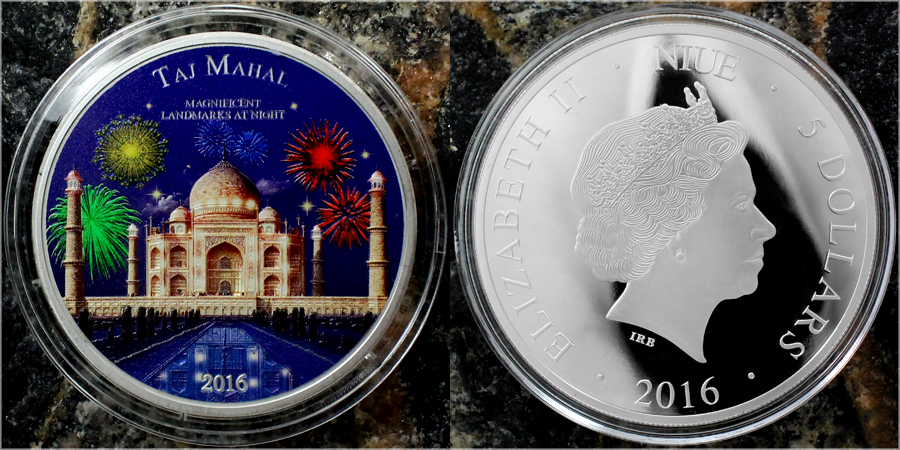 Stříbrná mince 2 Oz Taj Mahal Magnificent Landmarks at Night 2016 Standard