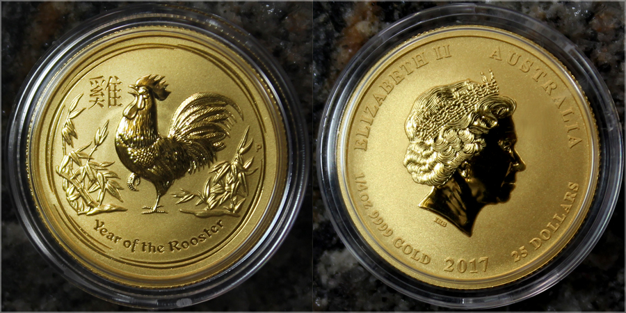Zlatá investičná minca Year of the Rooster Rok Kohúta Lunárny 1/4 Oz 2017