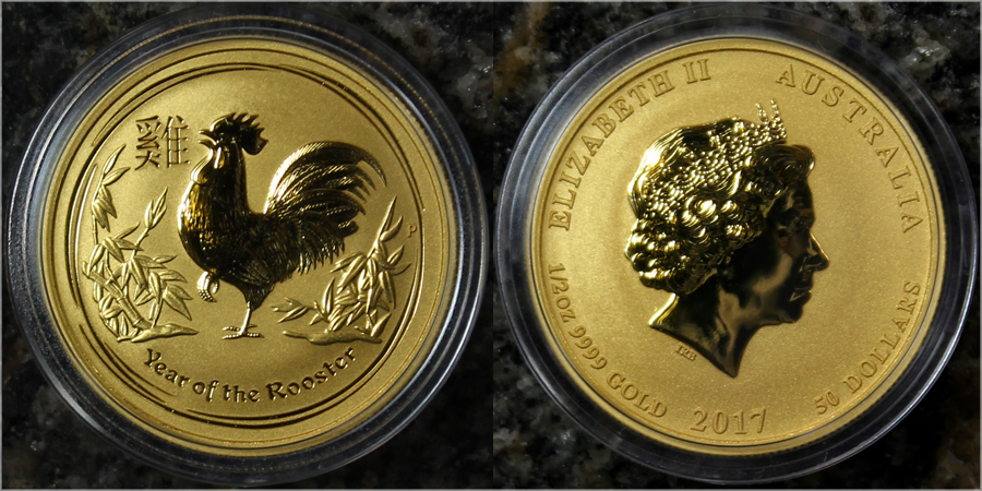 Zlatá investiční mince Year of the Rooster Rok Kohouta Lunární 1/2 Oz 2017