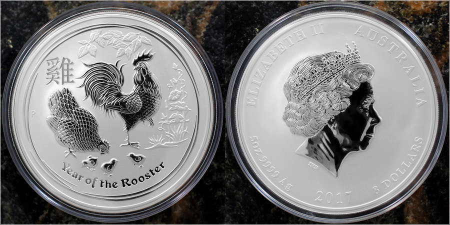 Strieborná investičná minca Year of the Rooster Rok Kohúta Lunárny 5 Oz 2017
