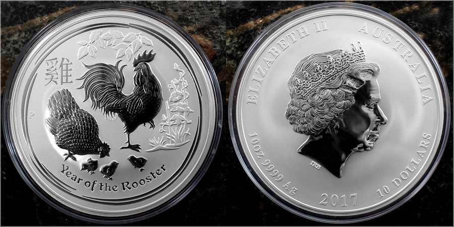 Stříbrná investiční mince Year of the Rooster Rok Kohouta Lunární 10 Oz 2017