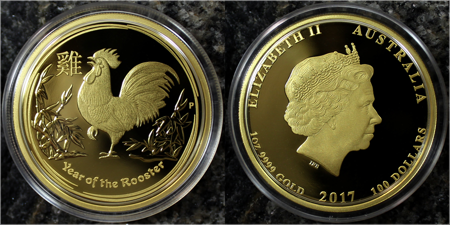 Exkluzivna Zlatá minca Year of the Rooster Rok Kohúta Lunárny 1 Oz 2017 Proof