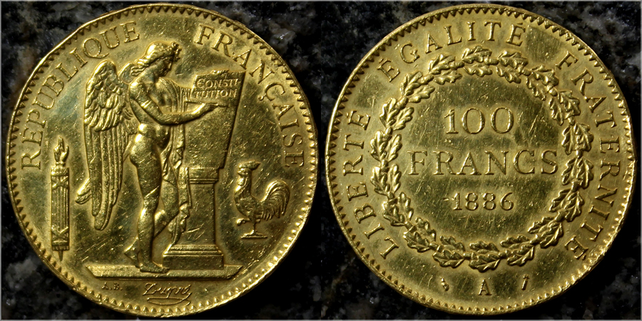 Zlatá mince 100 Frank Anděl - Génius 1886