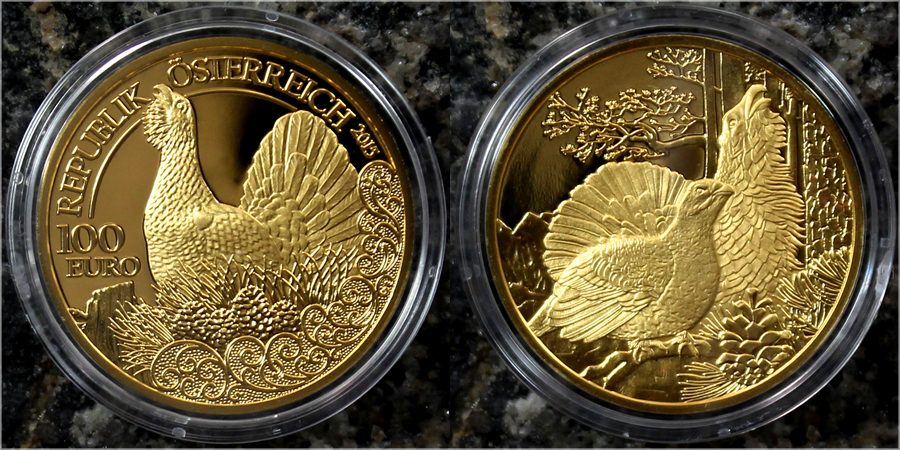 Zadní strana Zlatá minca Tetrov hlucháň 2015 Proof