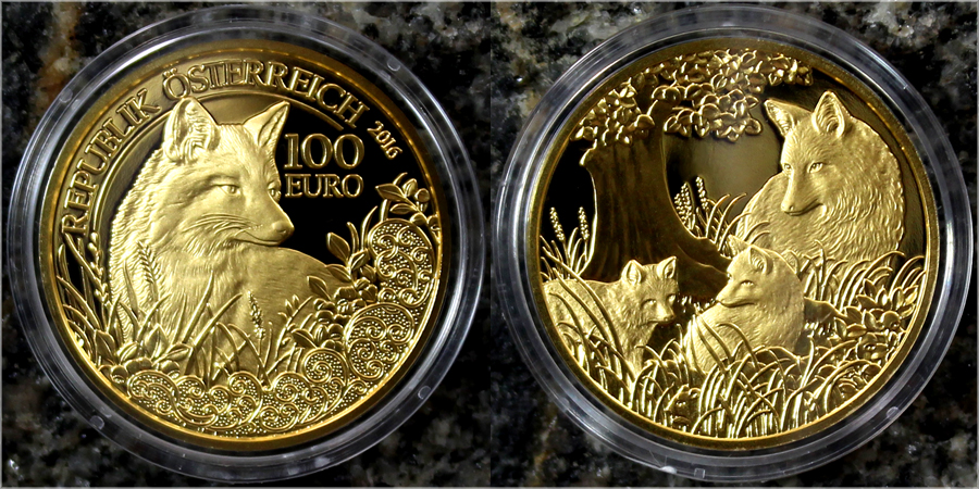 Zadní strana Zlatá minca Líška obecná 2016 Proof