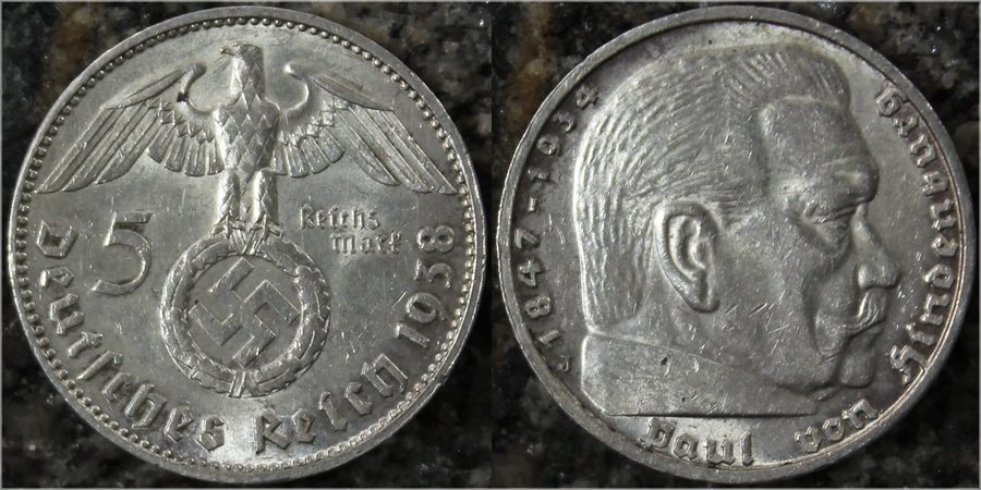 Stříbrná mince 5 Marka Paul von Hindenburg 1938