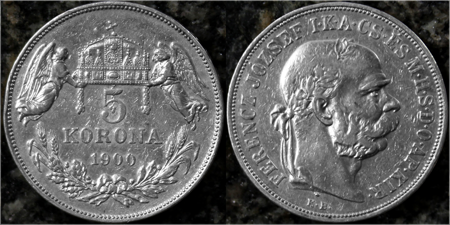 Stříbrná mince Pětikoruna Františka Josefa I. Uherská ražba 1900