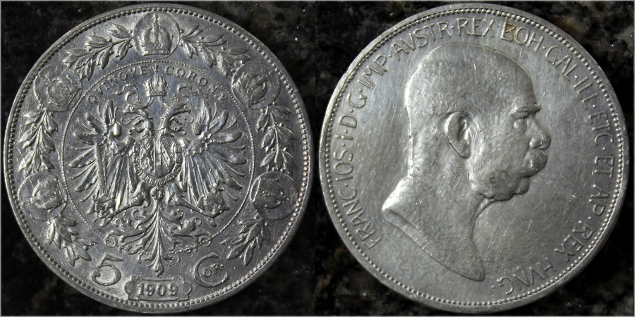 Stříbrná mince Pětikoruna Františka Josefa I. Rakouská ražba 1909