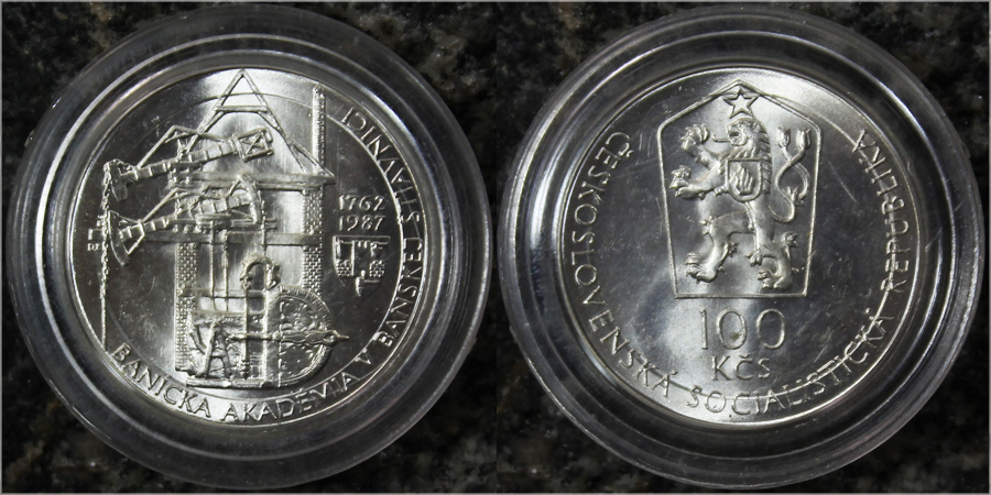 Stříbrná mince 100 Kčs Akademie Banská Štiavnica 1987