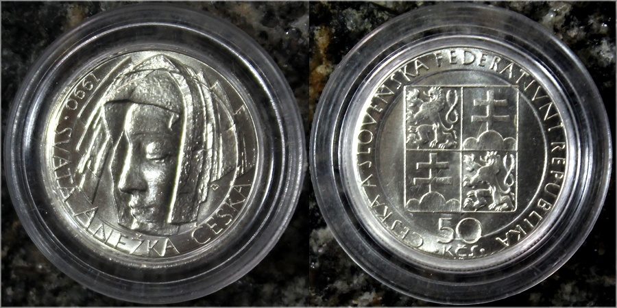 Stříbrná mince 50 Kčs svatá Anežka Česká 1990