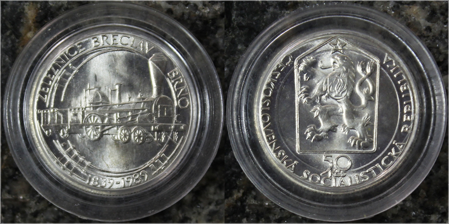 Stříbrná mince 50 Kčs Železnice Břeclav - Brno 1989