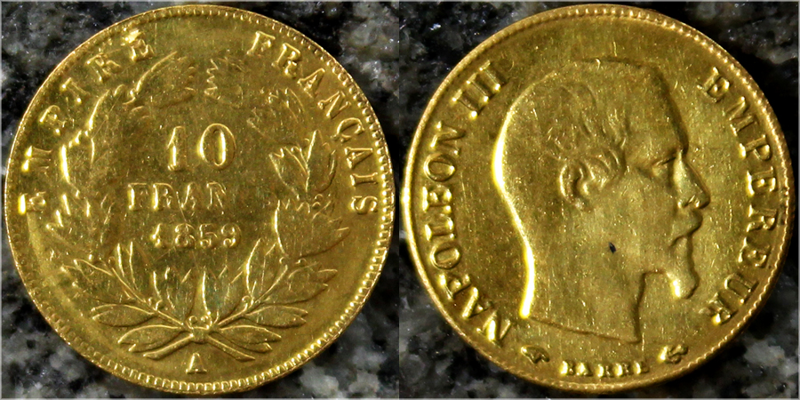 Zlatá mince 10 Frank Napoleon III. 1859 A
