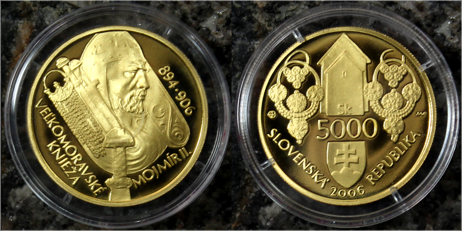 Zadní strana Zlatá mince 5000 Sk Velkomoravský Kníže Mojmír II. 1100. výročí úmrtí 2006 Proof