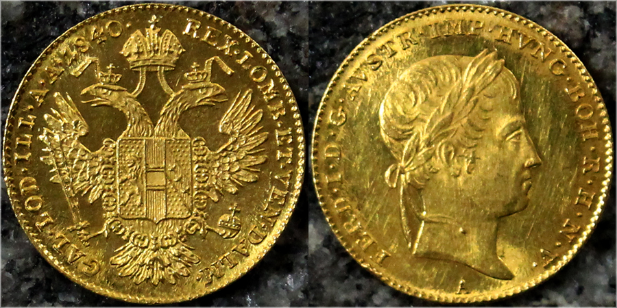Zlatá mince Dukát Ferdinanda I. 1840 A