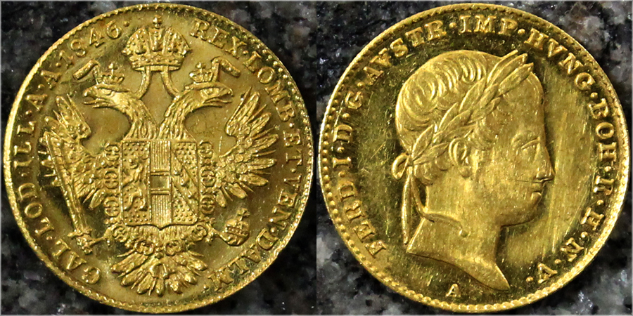 Zlatá mince Dukát Ferdinanda I. 1846 A