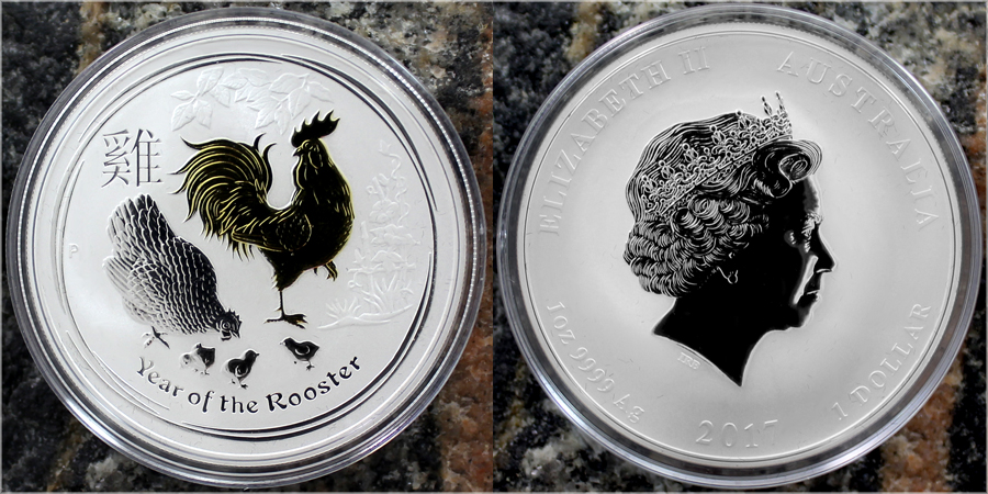 Strieborná minca pozlátený Year of the Rooster Rok Kohúta Lunárny 1 Oz 2017 Štandard
