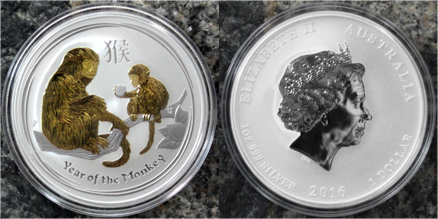 Strieborná minca pozlátený Year of the Monkey Rok Opice Lunárny 1 Oz 2016 Štandard