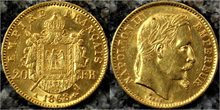 Zlatá mince 20 Frank Napoleon III. 1868 A