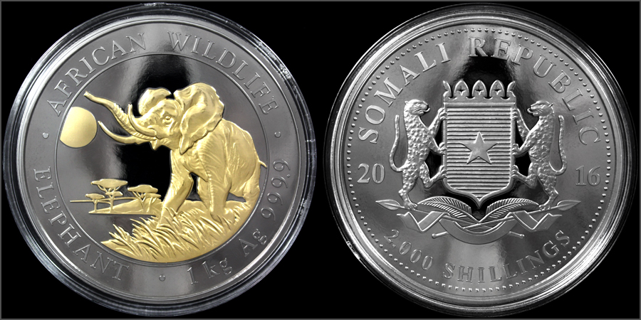 Stříbrná Ruthenium mince pozlacený Slon africký 1 Kg Golden Enigma 2016 Proof
