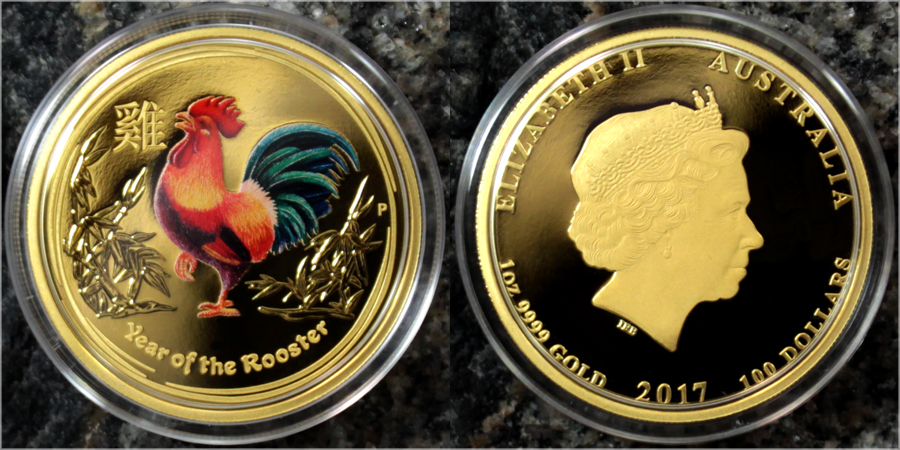 Exkluzivní Zlatá kolorovaná minca Year of the Rooster Rok Kohúta  1 Oz 2017 Proof