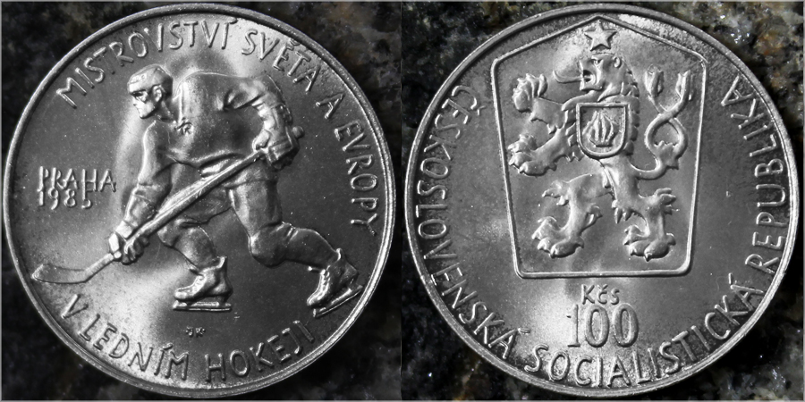 Stříbrná mince 100 Kčs Mistrovství světa v ledním hokeji 1985