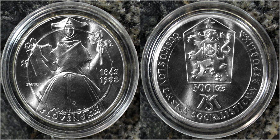 Zadní strana Stříbrná mince 500 Kčs Matica slovenská 125. výročí 1988