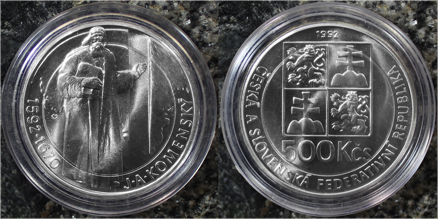 Zadní strana Stříbrná mince 500 Kčs Jan Amos Komenský 500. výročí  narození 1992