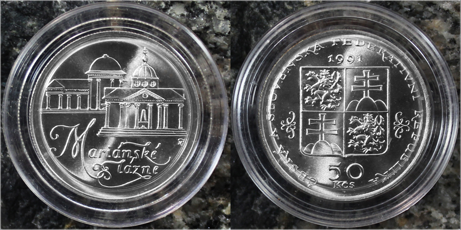 Stříbrná mince 50 Kčs Mariánské lázně 1991