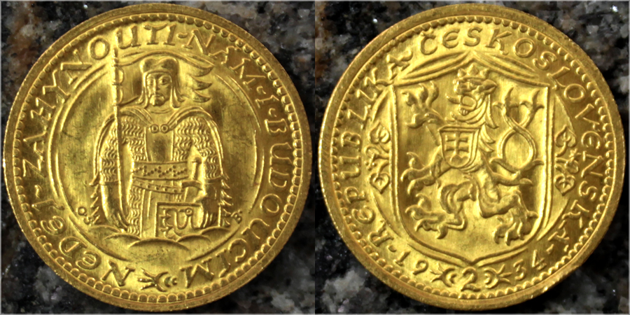 Zlatá mince Svatý Václav Dvoudukát Československý 1934
