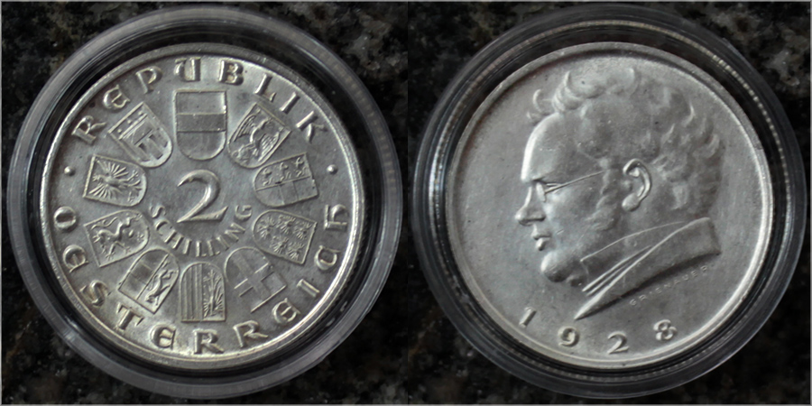 Stříbná mince Franz Schubert 2 Schilling 1928