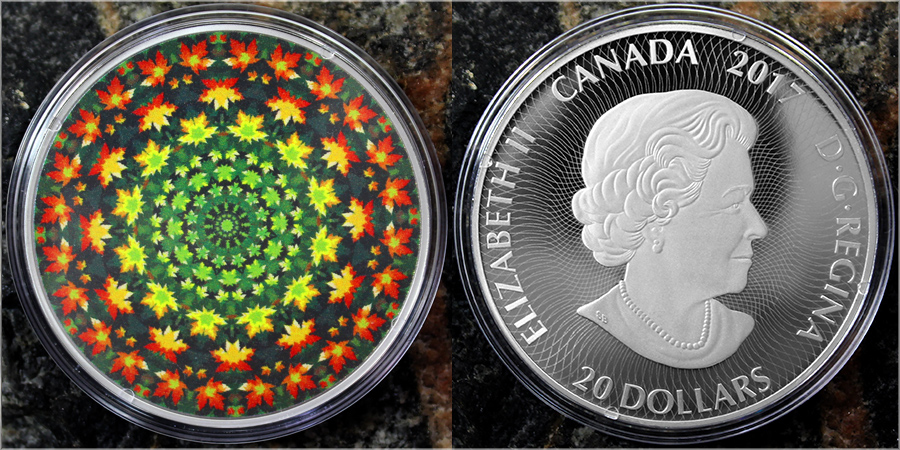 Zadní strana Stříbrná mince Kanadský Kaleidoskop: Javorový list 1 Oz 2017 Proof