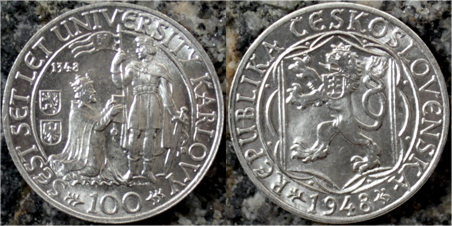 Stříbrná mince 100 Kčs Založení Univerzity Karlovy 600. výročí 1948